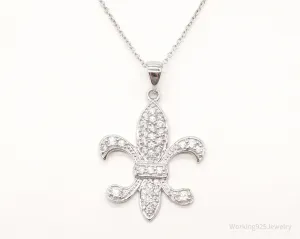 Vintage Designer JCM Fleur De Lis Cubic Zirconia Sterling Silver Necklace