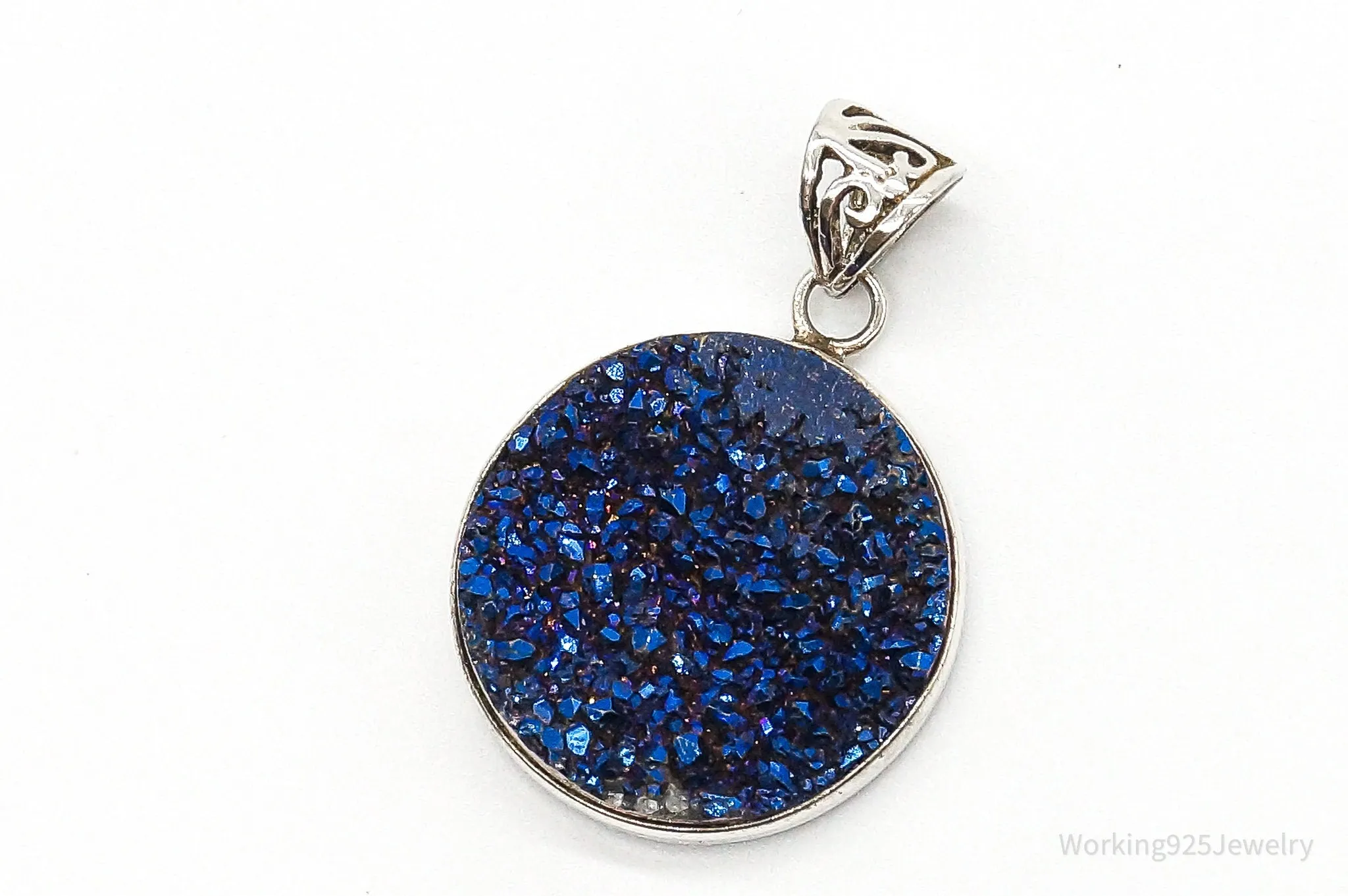 Vintage Large Blue Druzy Quartz Sterling Silver Pendant
