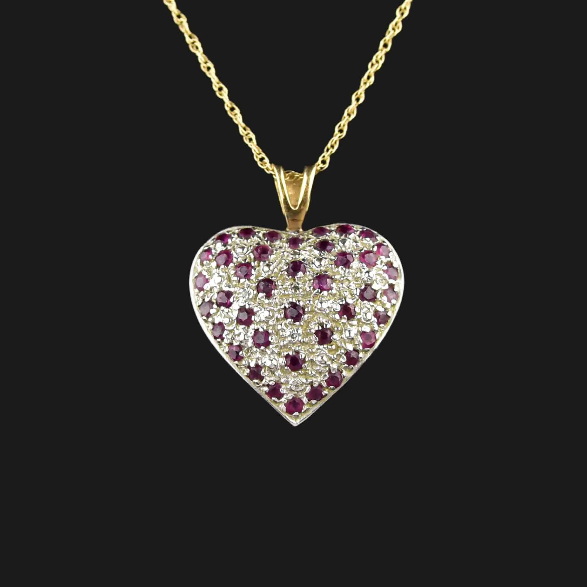 Vintage Large Gold Diamond Ruby Heart Pendant Necklace