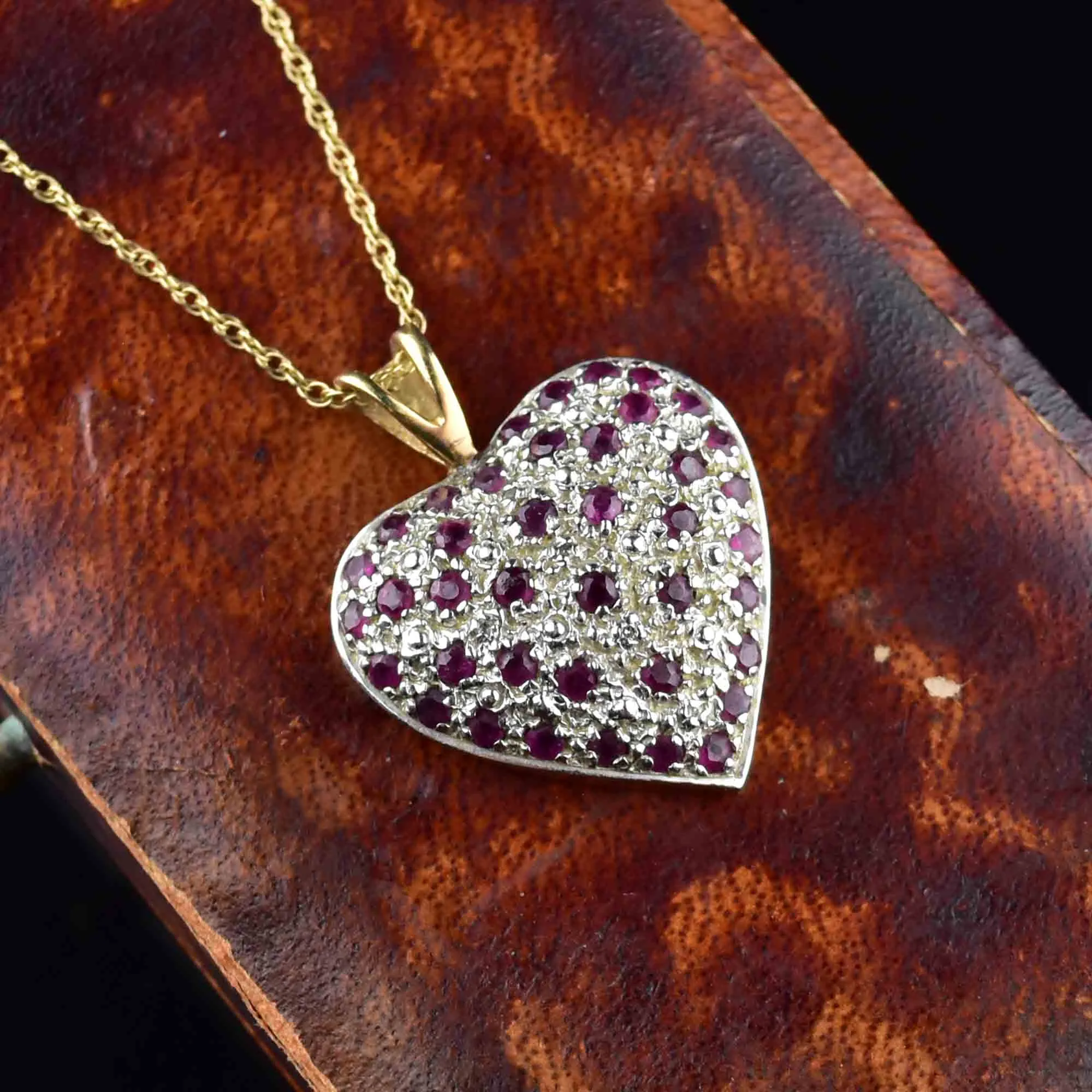 Vintage Large Gold Diamond Ruby Heart Pendant Necklace