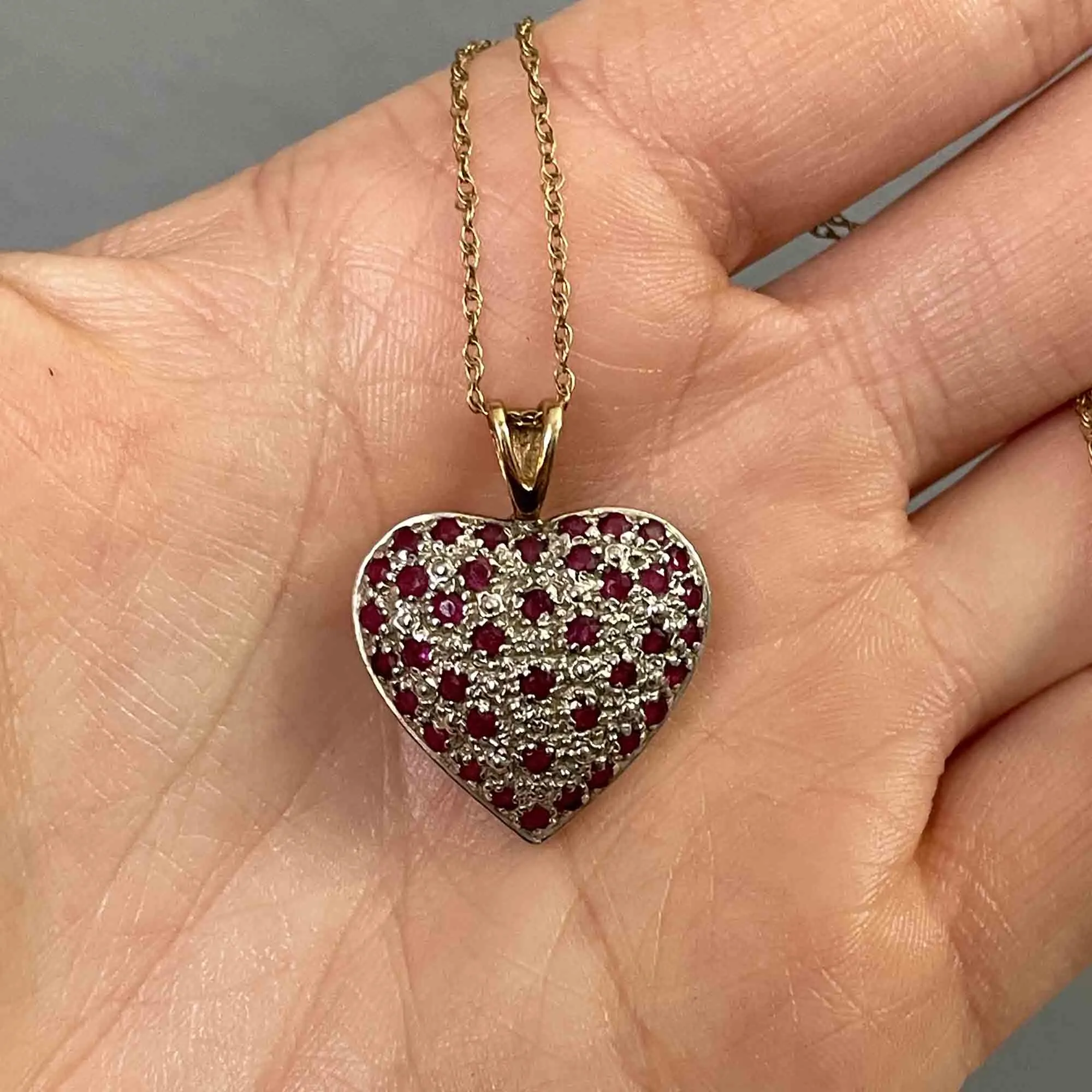 Vintage Large Gold Diamond Ruby Heart Pendant Necklace