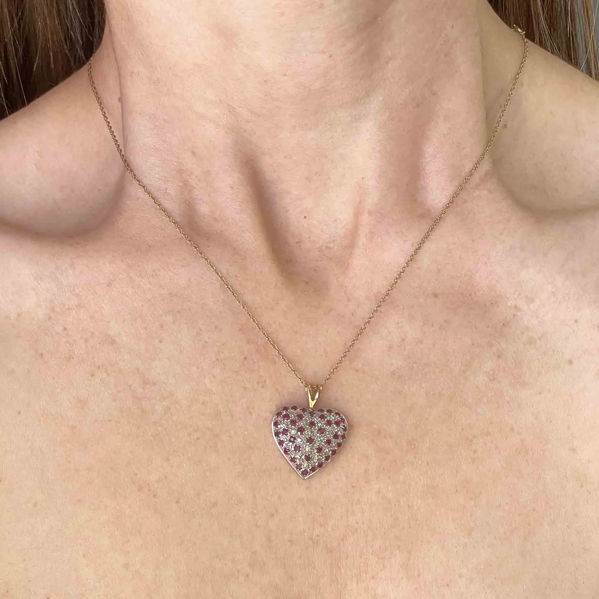 Vintage Large Gold Diamond Ruby Heart Pendant Necklace