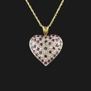 Vintage Large Gold Diamond Ruby Heart Pendant Necklace