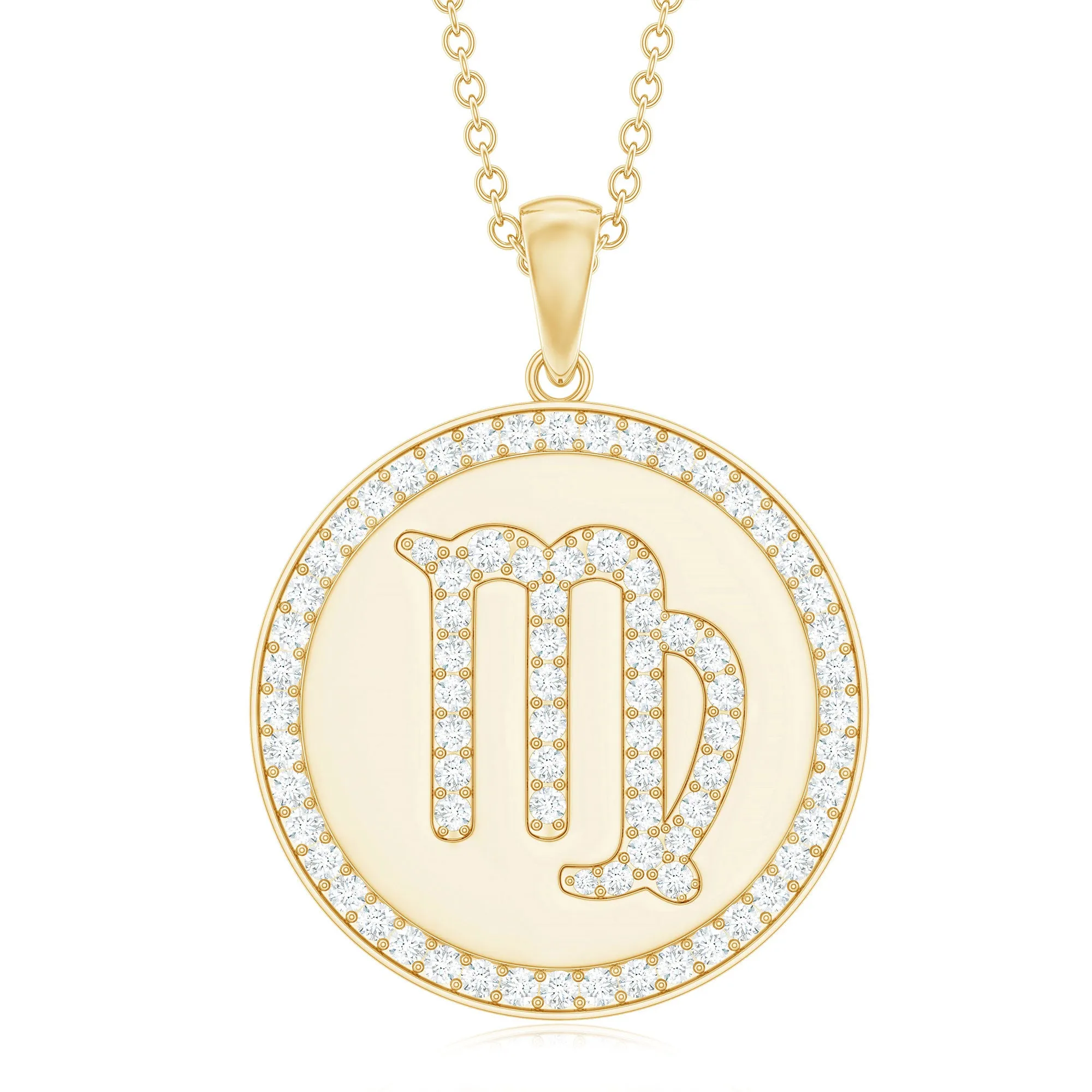 Virgo Zodiac Sign Disc Pendant with Pave Set Moissanite