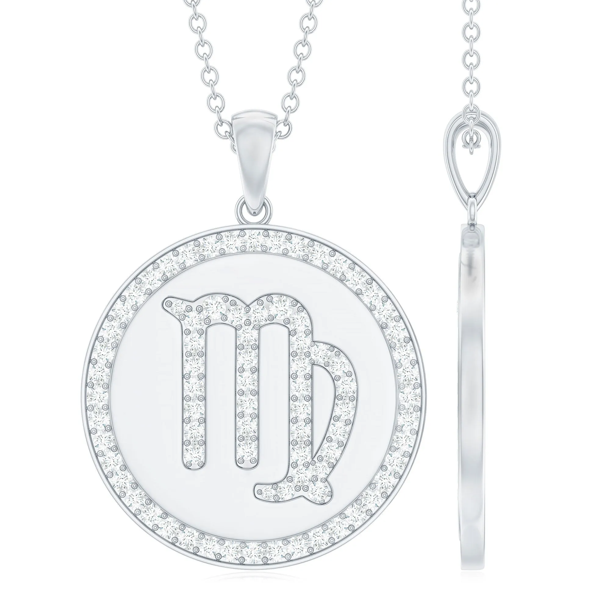 Virgo Zodiac Sign Disc Pendant with Pave Set Moissanite