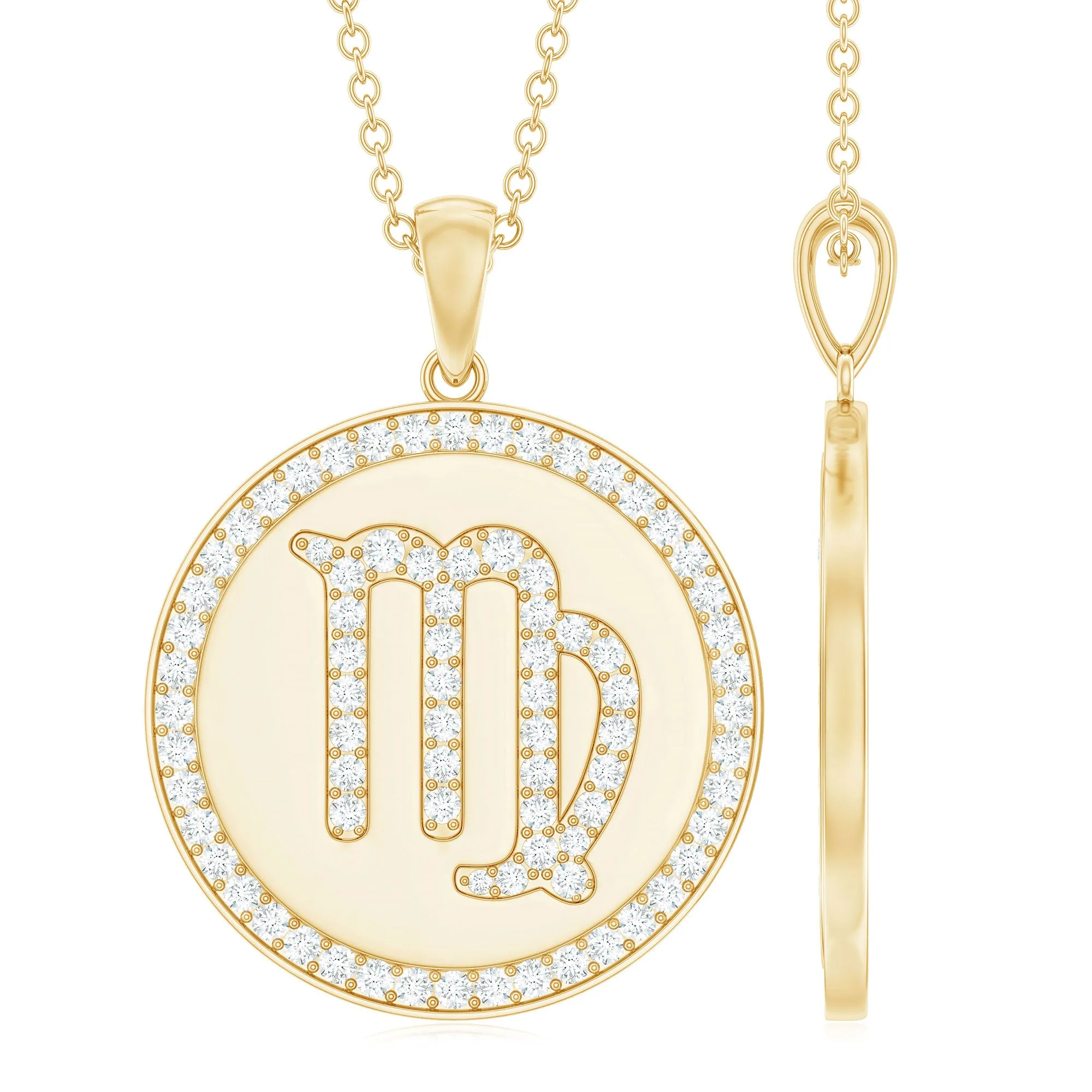 Virgo Zodiac Sign Disc Pendant with Pave Set Moissanite