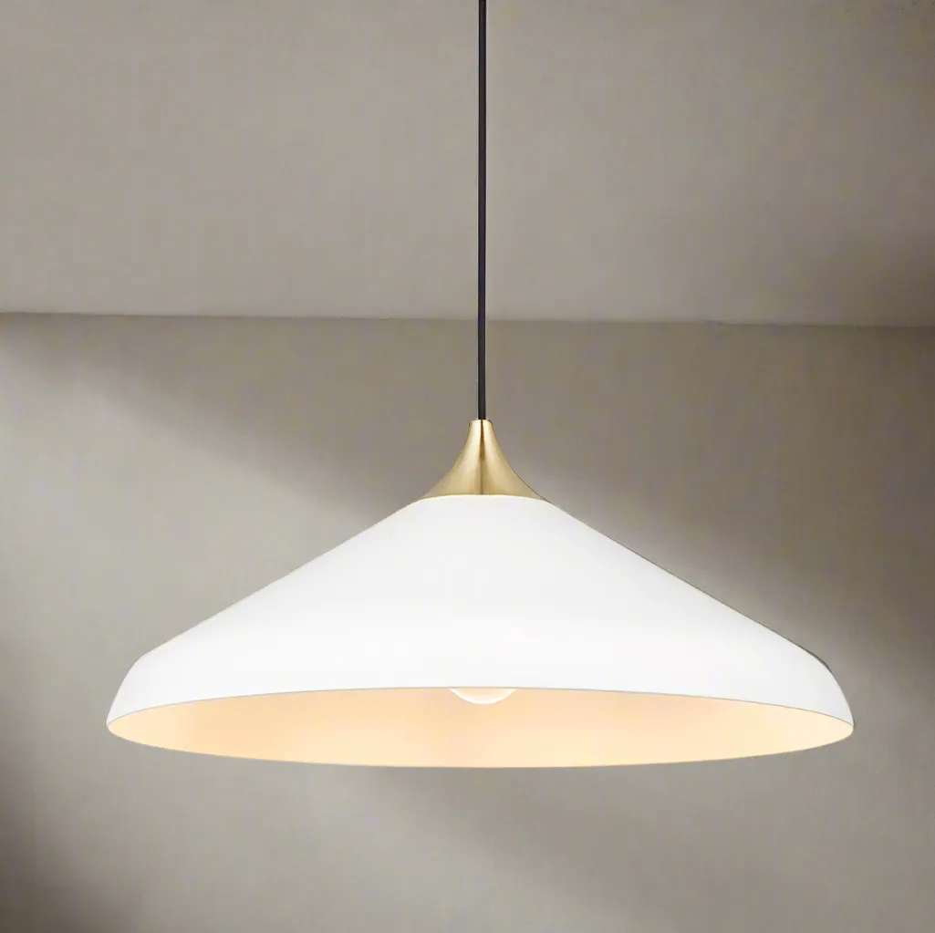 White Pendant Light With Brushed Brass Top 50cm