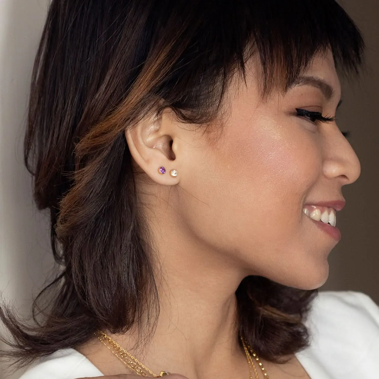 White Quartz Mini Stud Earrings | Gold - April