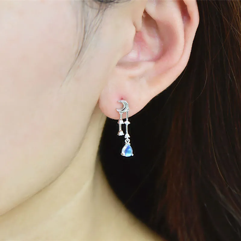 Womens Moonstone Stud Earrings White Gold Plated Silver Dangle Earrings For Women