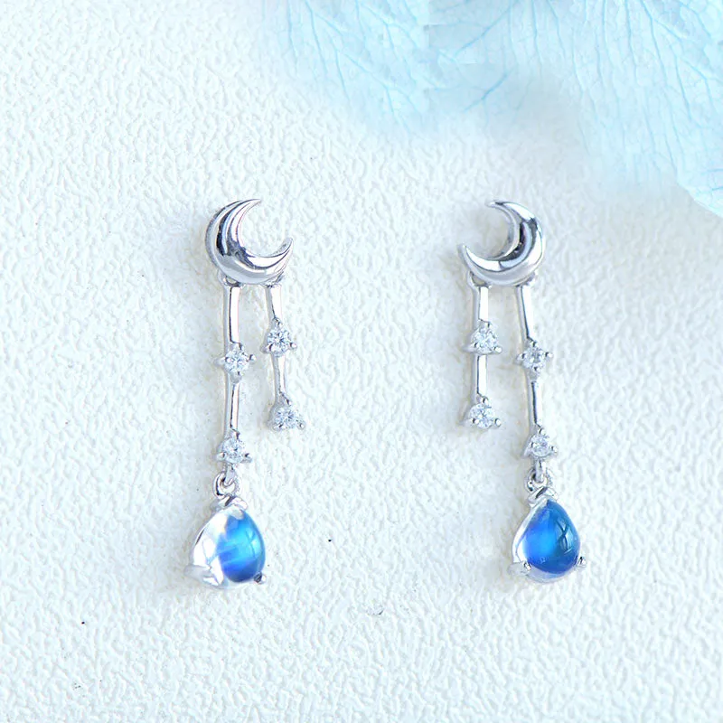 Womens Moonstone Stud Earrings White Gold Plated Silver Dangle Earrings For Women