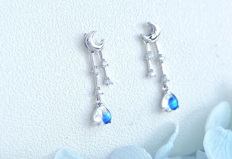 Womens Moonstone Stud Earrings White Gold Plated Silver Dangle Earrings For Women