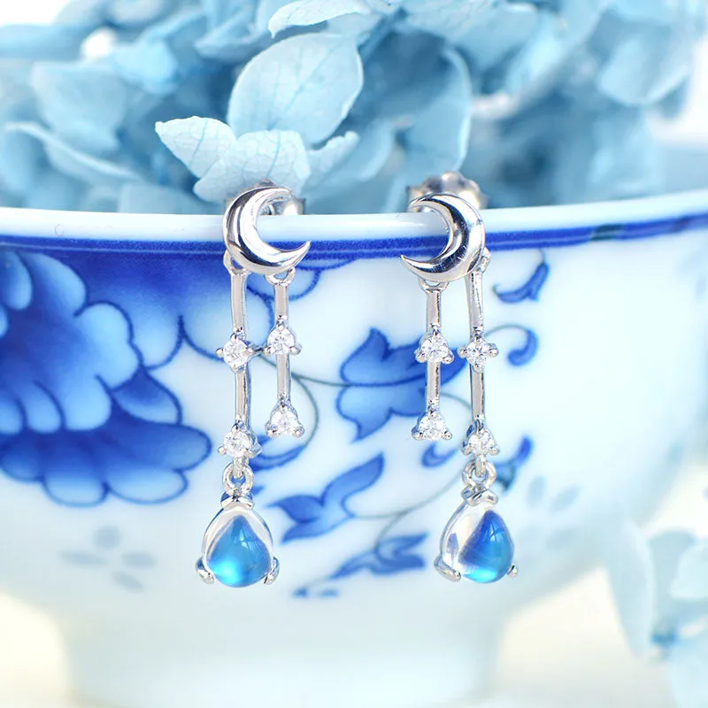 Womens Moonstone Stud Earrings White Gold Plated Silver Dangle Earrings For Women