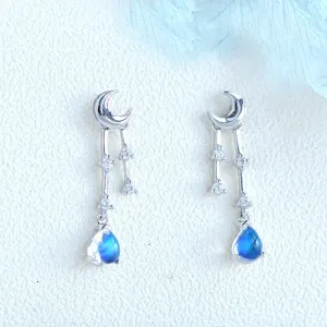 Womens Moonstone Stud Earrings White Gold Plated Silver Dangle Earrings For Women