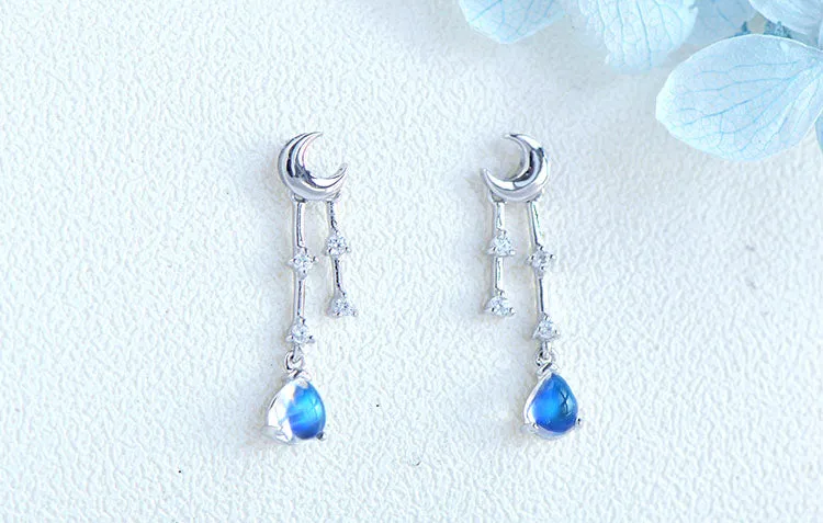 Womens Moonstone Stud Earrings White Gold Plated Silver Dangle Earrings For Women