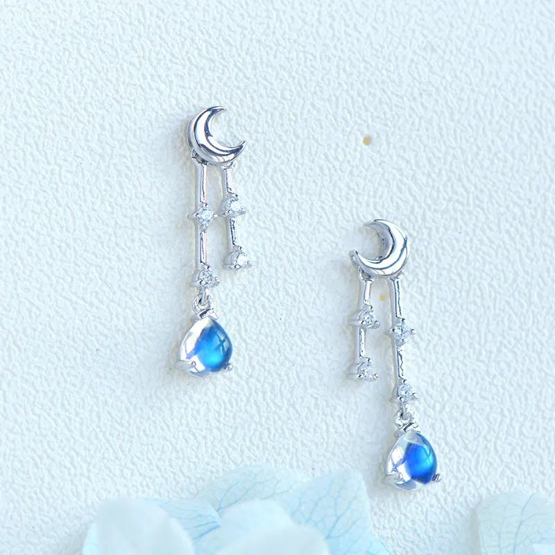 Womens Moonstone Stud Earrings White Gold Plated Silver Dangle Earrings For Women