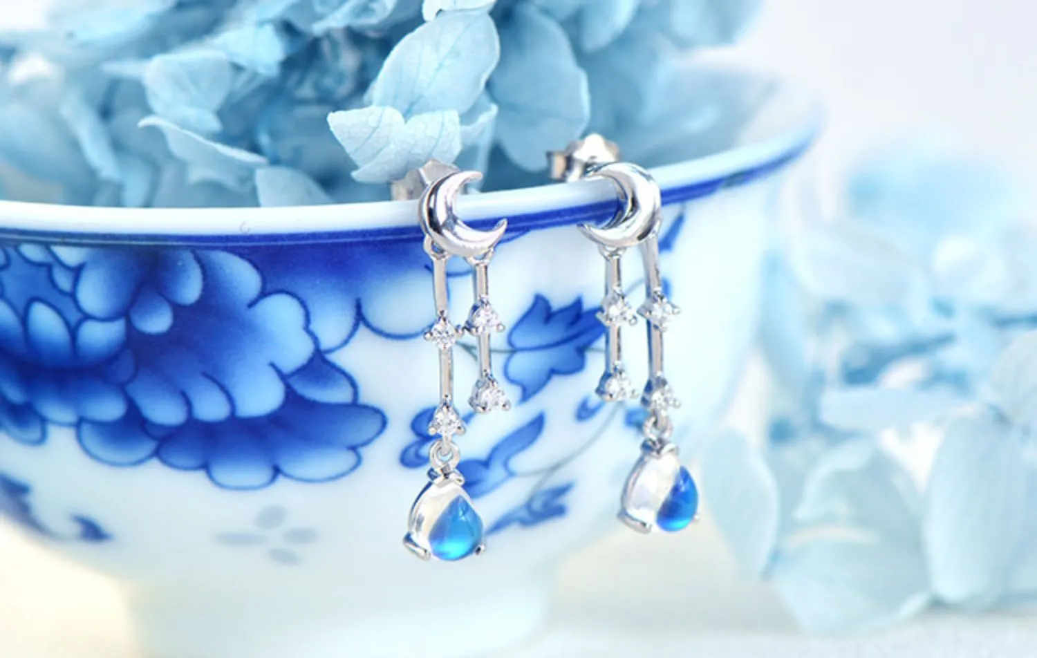 Womens Moonstone Stud Earrings White Gold Plated Silver Dangle Earrings For Women